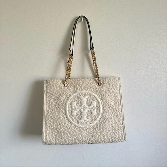 TORY BURCH ELLA LOGO CREAM BOUCLE TOTE BAG LEATHER/CHAIN HANDLE NWT $698 RARE - Picture 2 of 13